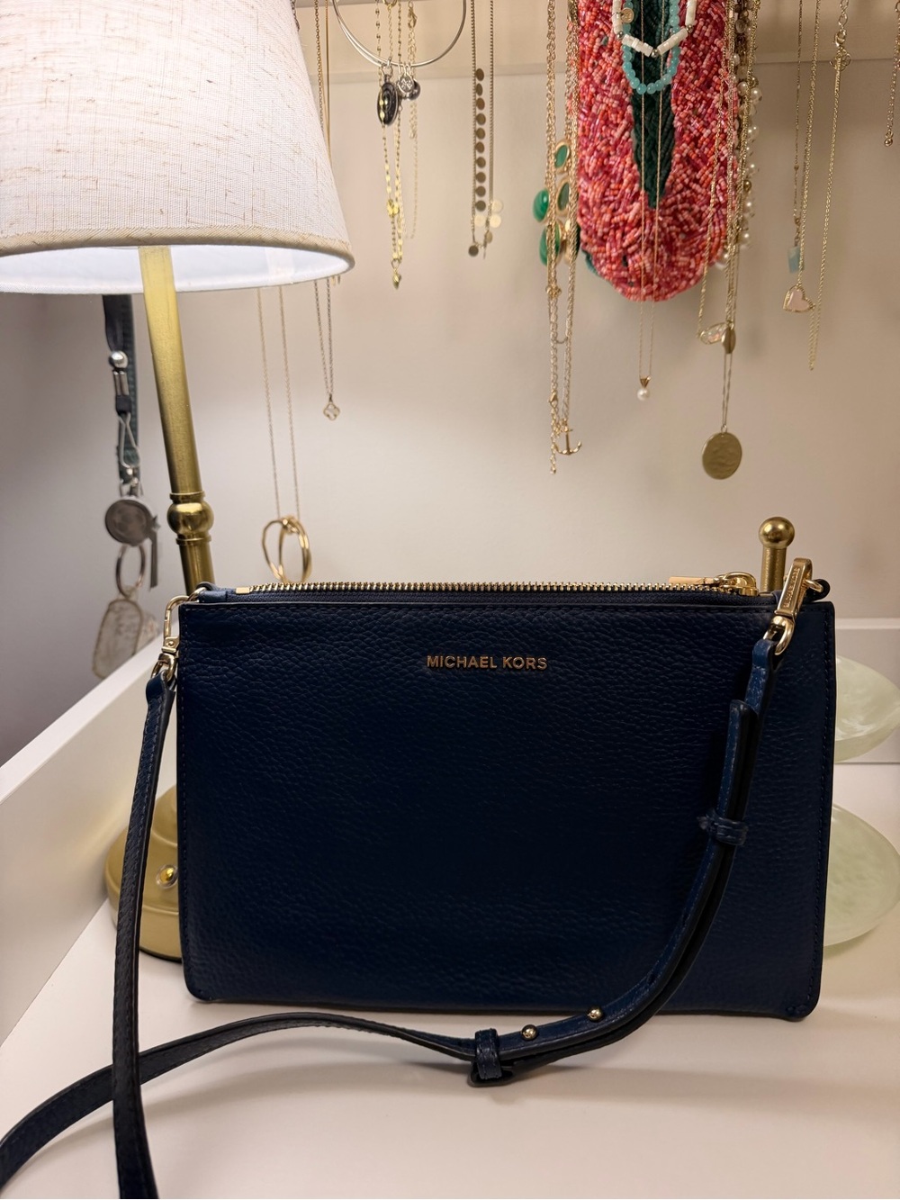 Michael Kors Navy Pebbled Leather Crossbody with Gold Hardware